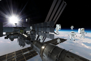 Astronauts conducting a spacewalk outside the International Space Station.